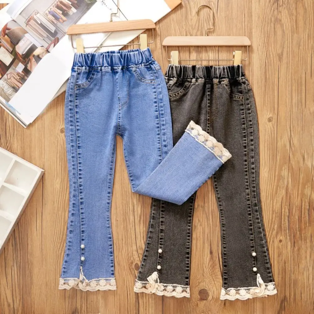 Simple Lace Y2k Bow Denim Jeans Wide Leg Irregular Teens Bell-bottom Trousers Clothing Loose Girl Split Cowboy Pants Party