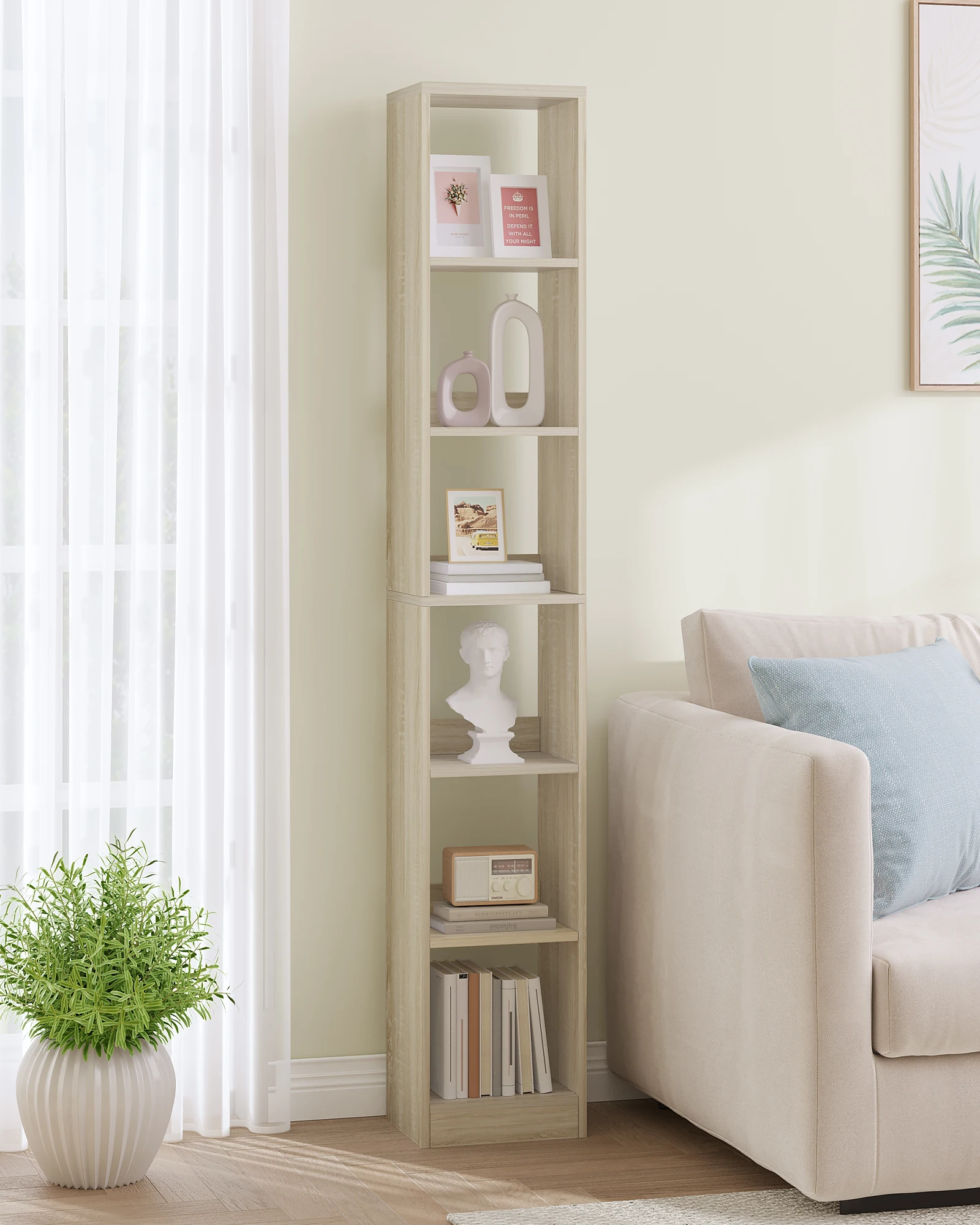 Bookcase, Tall Narrow Bookshelf, White Wooden Bookcase with Open Storage Shelf, for Living Room,Bedroom,6-Tier,Oak Beige