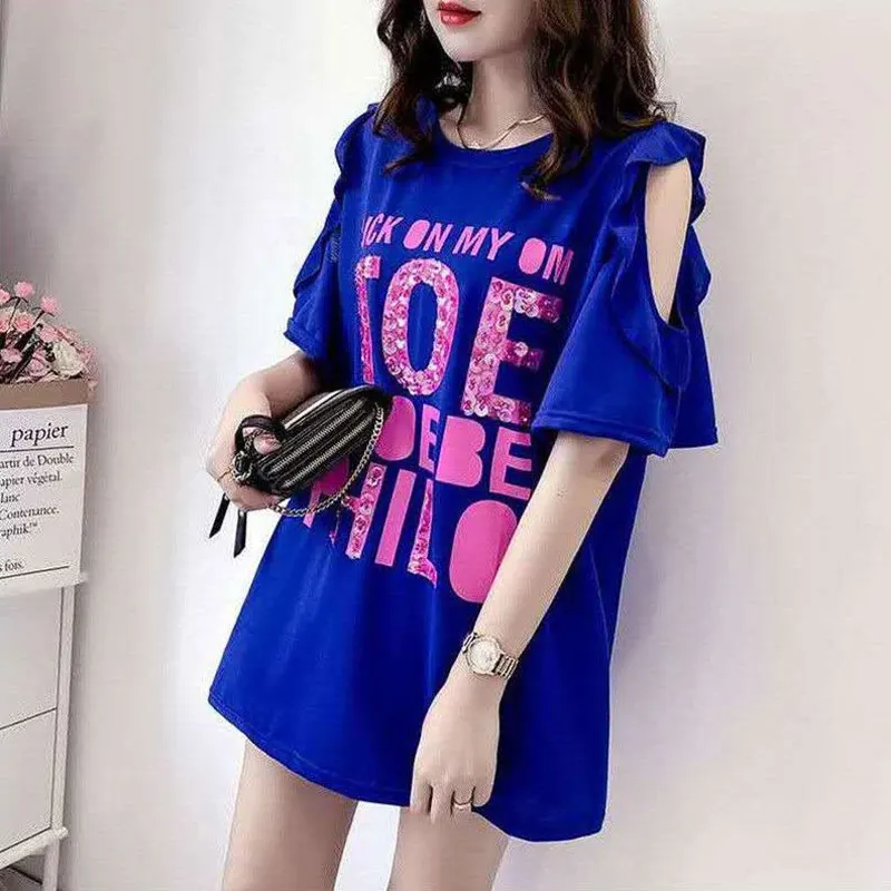 

Casual Fashion Sequined Letter Printed T-shirt Female Clothing Ruffles Spliced Summer Korean Loose Off Shoulder Midi Pullovers