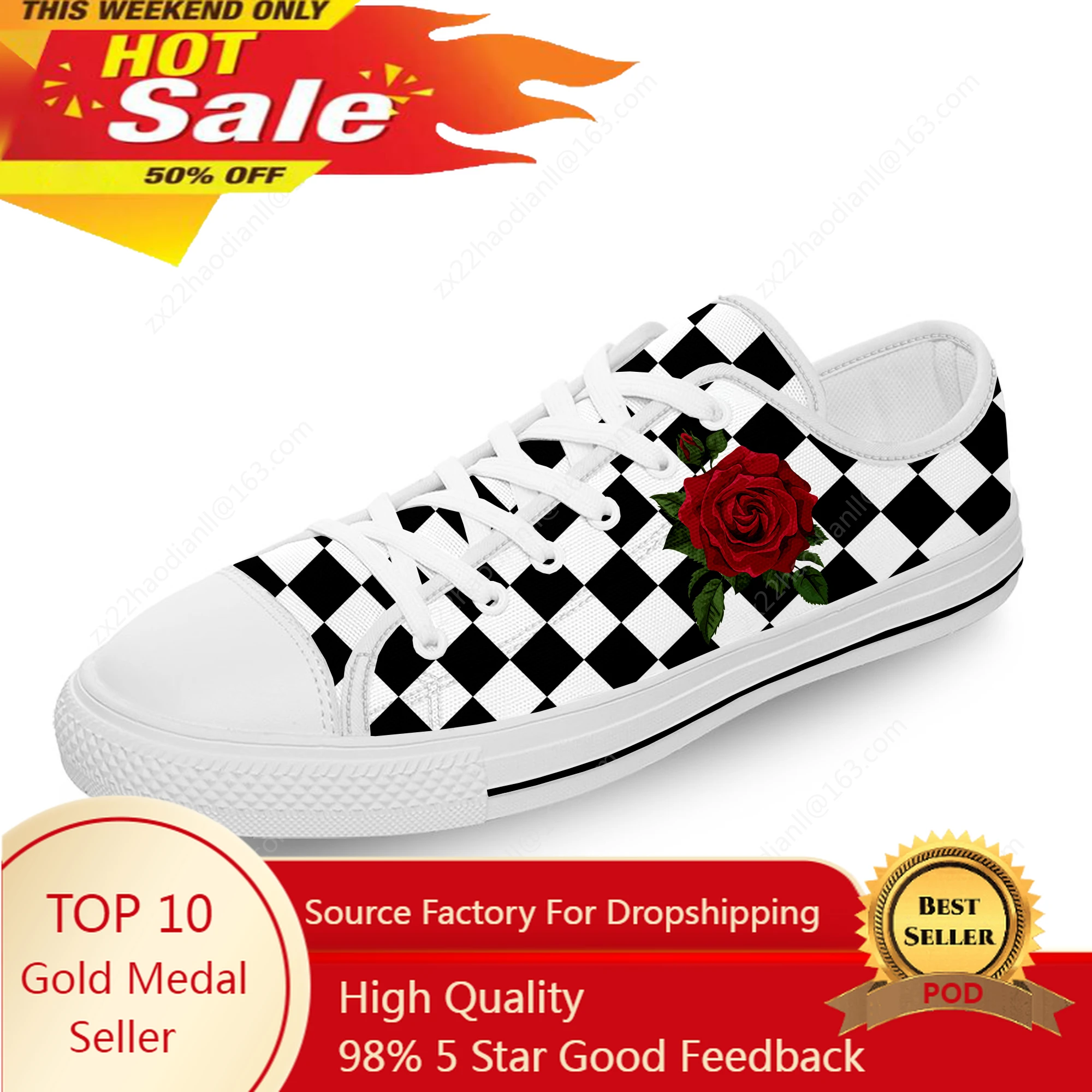 

Black And White Squares Rose Flower White Cloth Fashion 3D Print Low Top Canvas Shoes Men Women Lightweight Breathable Sneakers