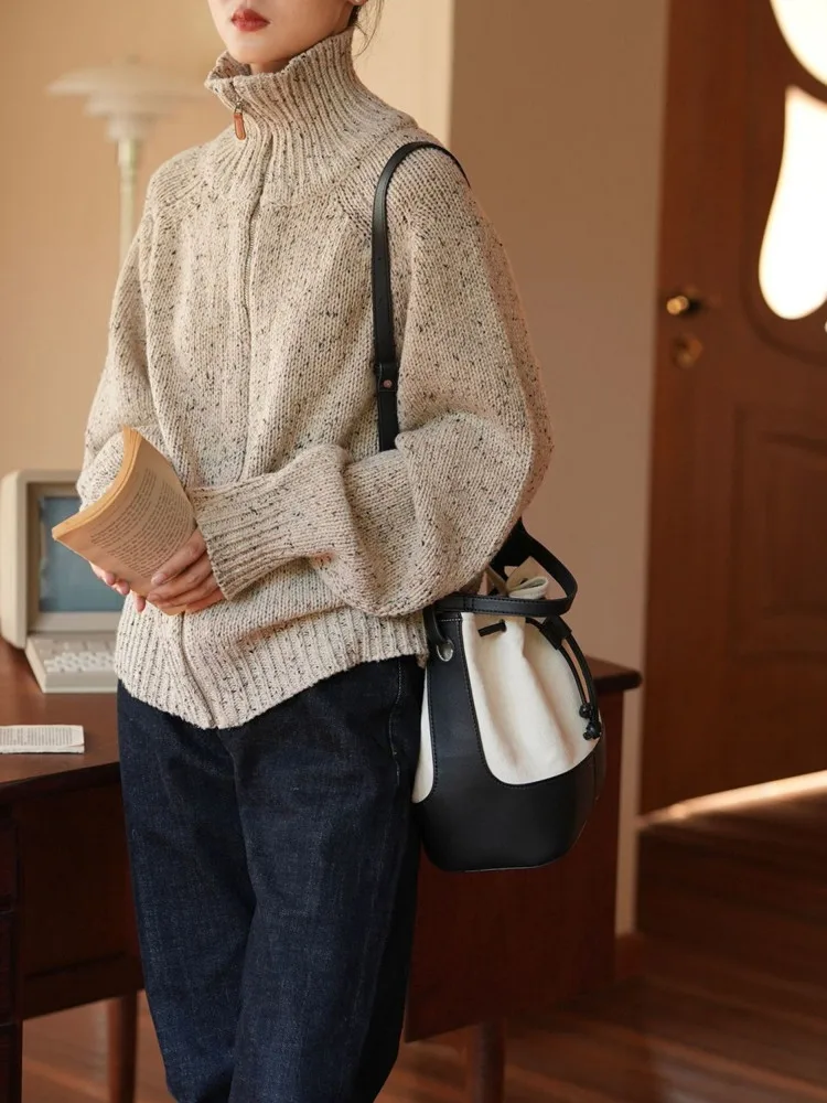 

Spring Autumn Warm Women Sweaters Zip Up Stand Neck Casual Oversized Knitted Pullover Jumper Femme Sweaters