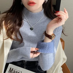 Women's Retro Red Velvet-Lined Turtleneck Sweater - Winter 2024 Collection - One Size (Blue gray color)