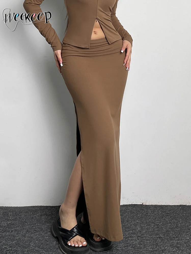 

Weekeep Elegant Split Long Skirt Street Style Folds Low Rise Casual Skirts for Women y2k Aesthetic Office Ladies Fashion Outfits