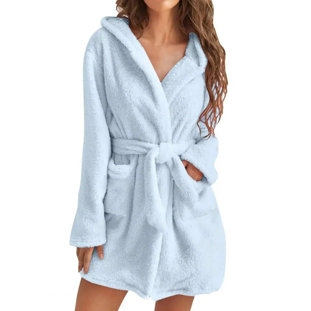 Women's Hooded Nightgown Plush Winter Bathrobe with Pockets Solid Color Tie Waist Flannel Pajamas for Home Sauna Vacation Party