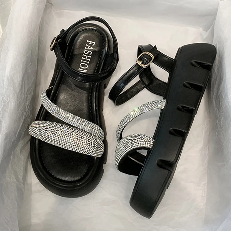 Rimocy Bling Crystal Chunky Sandals Women Summer Ankle Strap Thick Bottom Platform Sandals Woman 2022 New Non-slip Sandalias