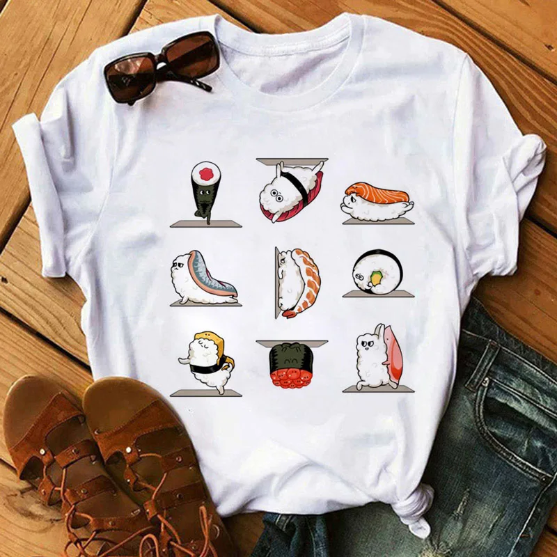 Kawaii Cartoon Sushi Print T Shirt New Women T Shirt Female Fashion Cute Graphic Tee Tops 90s Girls Tee Sport Sushi T-shirt Tops jesus loves me easter jesus shirt christian graphic tee women fashion tops unisex tee church tops aesthetic