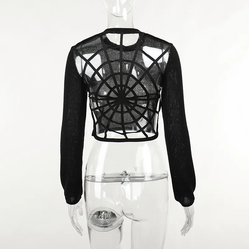 2023 New Gothic Vintage Dark Round Neck Solid Versatile Short T-Shirts Harajuku Retro Sexy Slim Back Spider Web Long Sleeve Tops
