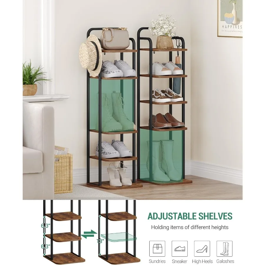 6 Tiers Vertical Shoe Rack Narrow Shoe Tower Tall Shoes Shelf with 2 Hooks Adjustable Shelves Corner Shoes Shelves for Small Sp