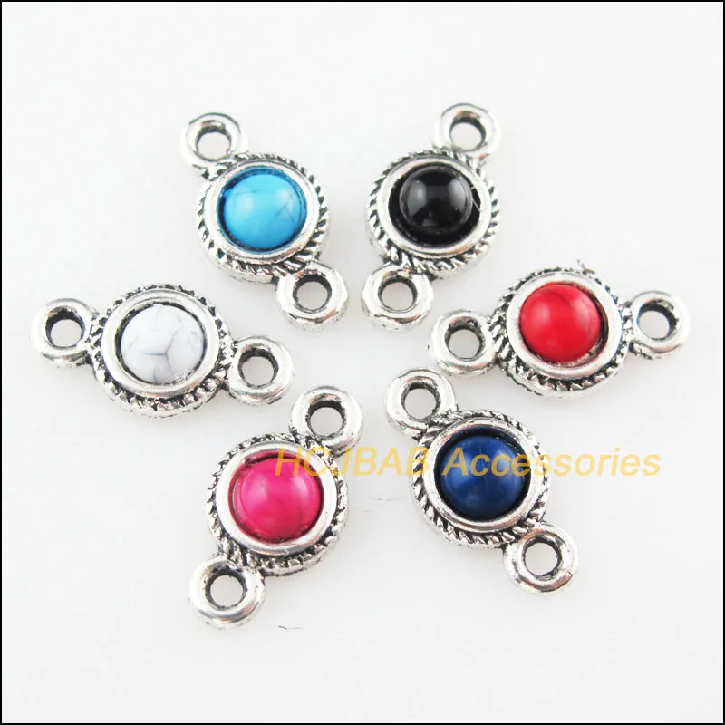 

24Pcs Tibetan Silver Plated Round Mixed Stone Charms Pendant Connectors 8.5x16mm