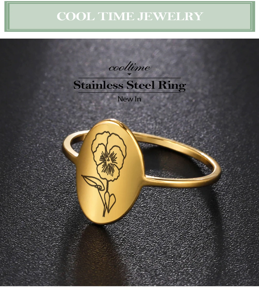 COOLTIME Blumenringe zum 12. Geburtsmonat für Frauen, Edelstahl, oval, Siegel, ästhetische Ringe, Schmuck, Freund, Liebhaber, Geburtstagsgeschenk – Detail 16