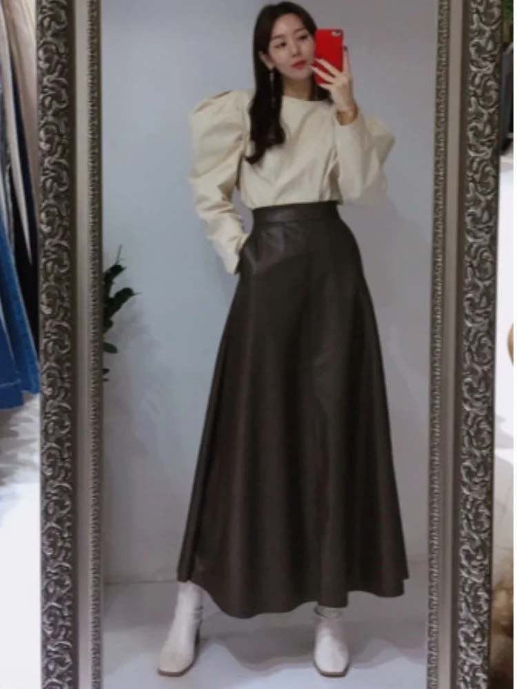 Chic High Waist A-Line Long Skirt PU Leather Slimming f Body Swinging Skirts for Women Autumn Faion Commute Casual
