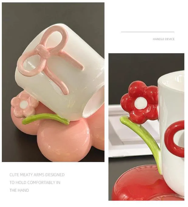 Creative Bow Ceramic Mug Home Flower Coffee Cup Saucer