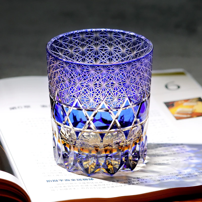 Japanese Edo Kiriko Blue Green Glass Tumbler for Dinner Parties Bars 9oz Crysatal Wine Whiskey Glass Beverage Cup Gift Packing