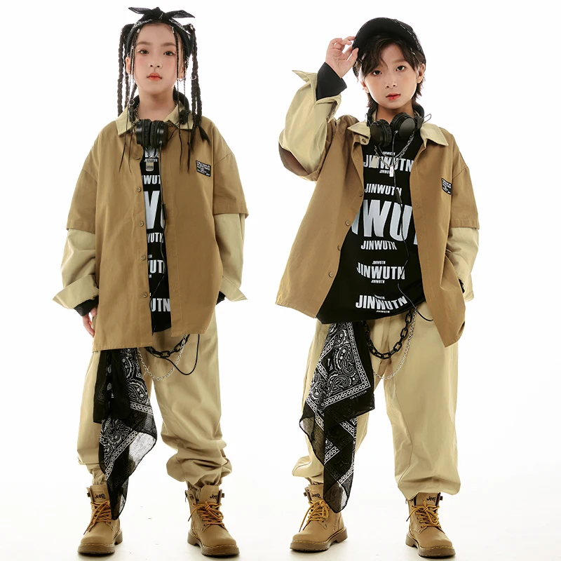 Khaki Color Hip Hop Dance Costume Kids Long Sleeves Loose Coat Tops Pants Girls Suit Boys Fashion Performance Clothing BL11576