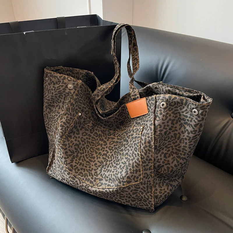 Oversized Leopard Print and Canvas Shoulder Bags