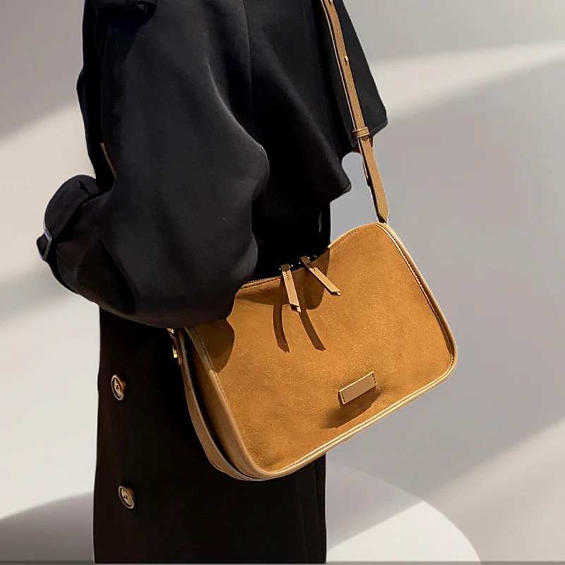 Retro Women Genuine Suede Cowhide Leather Crossbody Bag Large Capacity Soft Wearable Cow Shoulder Travel Bag With Double Zipper