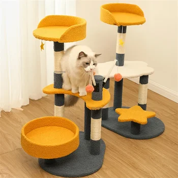 Rascador de árbol creativo para gatos, poste de rascado para gatos, torre, muebles para mascotas, con bolas colgantes 1