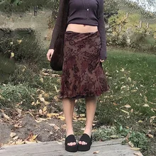 

WJJDFC Fairy Grunge Aesthetics Brown Mesh Midi Skirts Y2K Streetwear Low Waist Printing A-line Skirt Elfcore Outfits Retro Fall