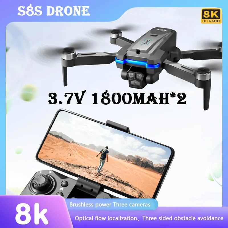 Профессиональный Дрон 8k S8S Rc бесщеточный с тремя Esc камерами оптический поток 360 ° обход препятствий Безголовый режим складной Квадрокоптер