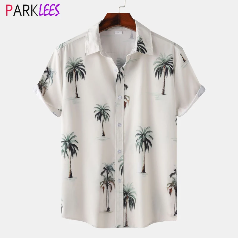 

Coconut Tree Printed Mens Hawaiian Shirt Short Sleeve Summer Casual Beach Wear Shirt Tropical Aloha Party Clothing Chemise XXL