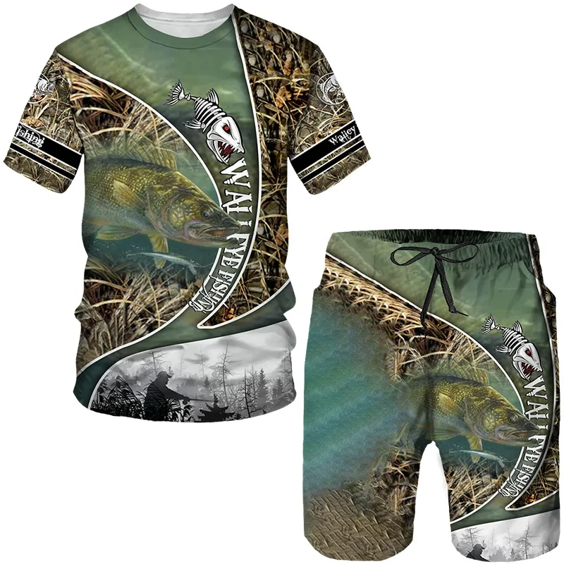 Men's Outdoor Fishing Print Shorts 2Pcs Sets Vintage 3D Print Two Piece Suit O-neck T shirt Fashion Male Sweatshirt  Clothes 5