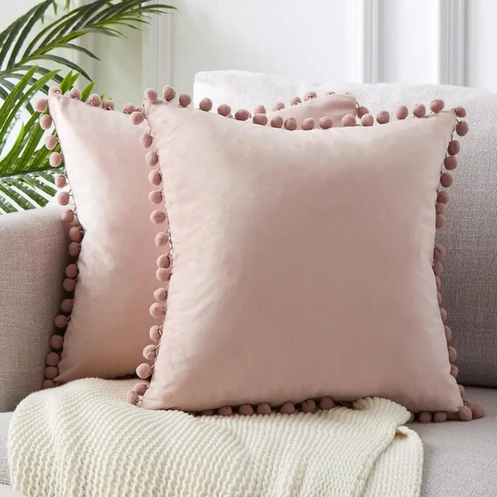 

2Pcs Boho Cushion Cover with Pom Poms Decor Hidden Zipper Closures Velvet Pillow Case cojines decorativos para sofá