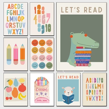 Lettura per bambini Poster colorati Simpatico aula per bambini Stampe moderne per la scuola materna Pittura su tela Immagini murali Decorazioni per la casa della camera dei bambini