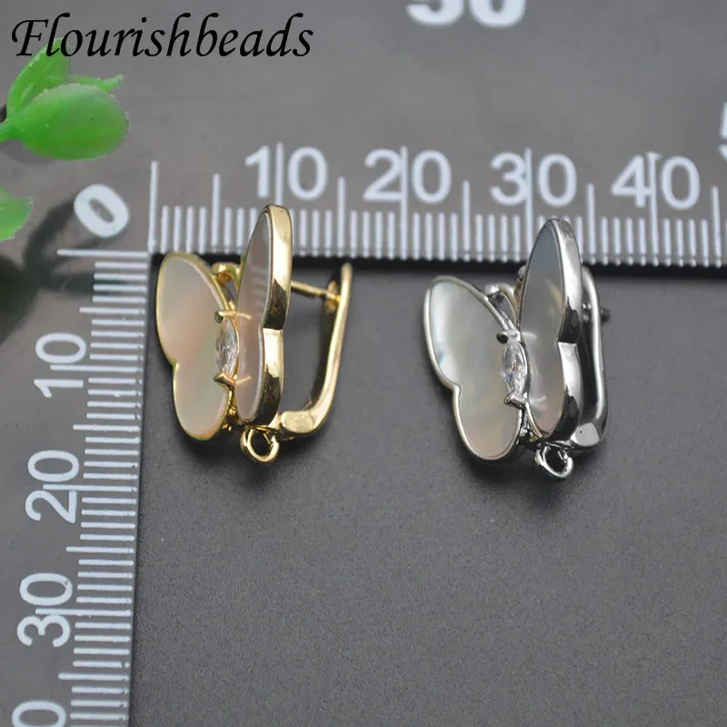 Big Size Natural Shell Paved CZ Beads Butterfly Shaped Earring Hooks Clasp for DIY Jewelry Making Supplies 20pcs/lot