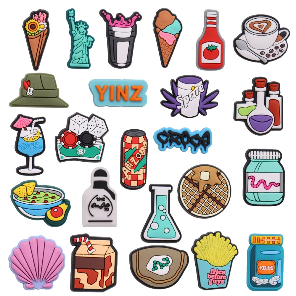

1-24pcs Food Icon Shell Coffee Drink Dollars Croc Designer PVC Shoe Charms Decorations Buckle Clog Fit Wristbands Kids Jibz