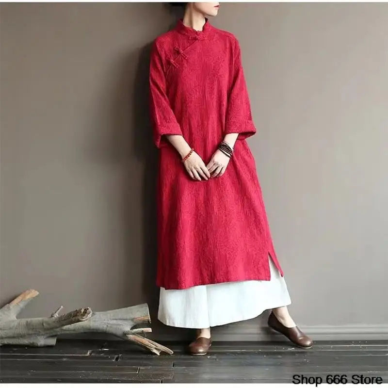 Traditional Chinese Women's Cheongsam Cotton Linen Robe New Female Robe Retro Femeal Top Skirt Shirt HanfuTang Suit Party Dress