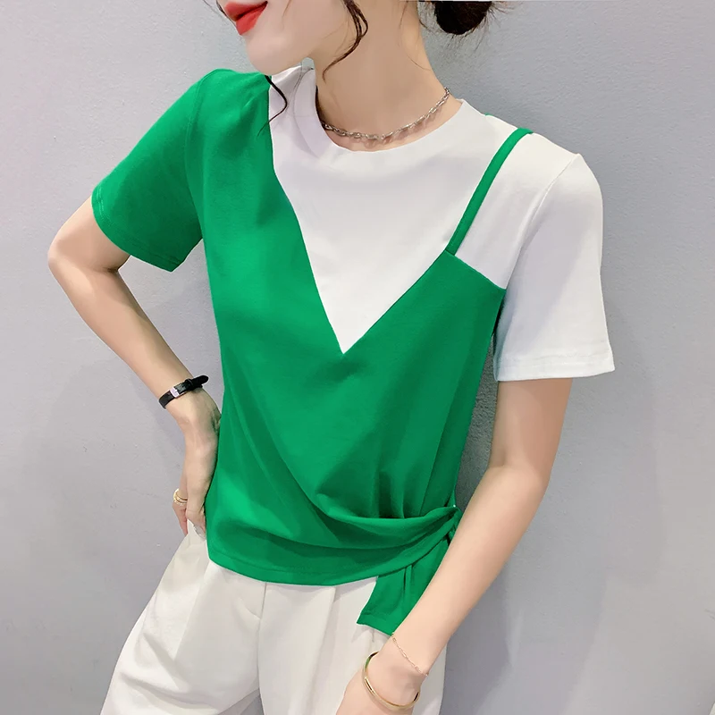 

2023 Summer Korean Clothes T-Shirt Chic Fake Two Pieces Patchwork Color Blocking Women Tops Short Sleeve Irregular Tees 32080
