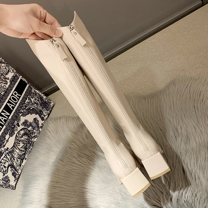 Square-toe Women Knee-length Boots Rear Zip Square Heel Mid-calf Boots New Knight Boots Black Shoes Plus Velvet Warm Women Boots