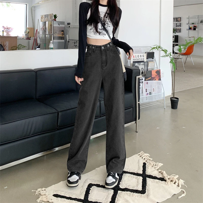여성용 하이웨이스트 와이드 레그 청바지, 스트레이트 라지 사이즈, 팻 mm, 루즈 니치, 블랙 그레이, 얇은 스트레이트 팬츠, 용수철 및 가을