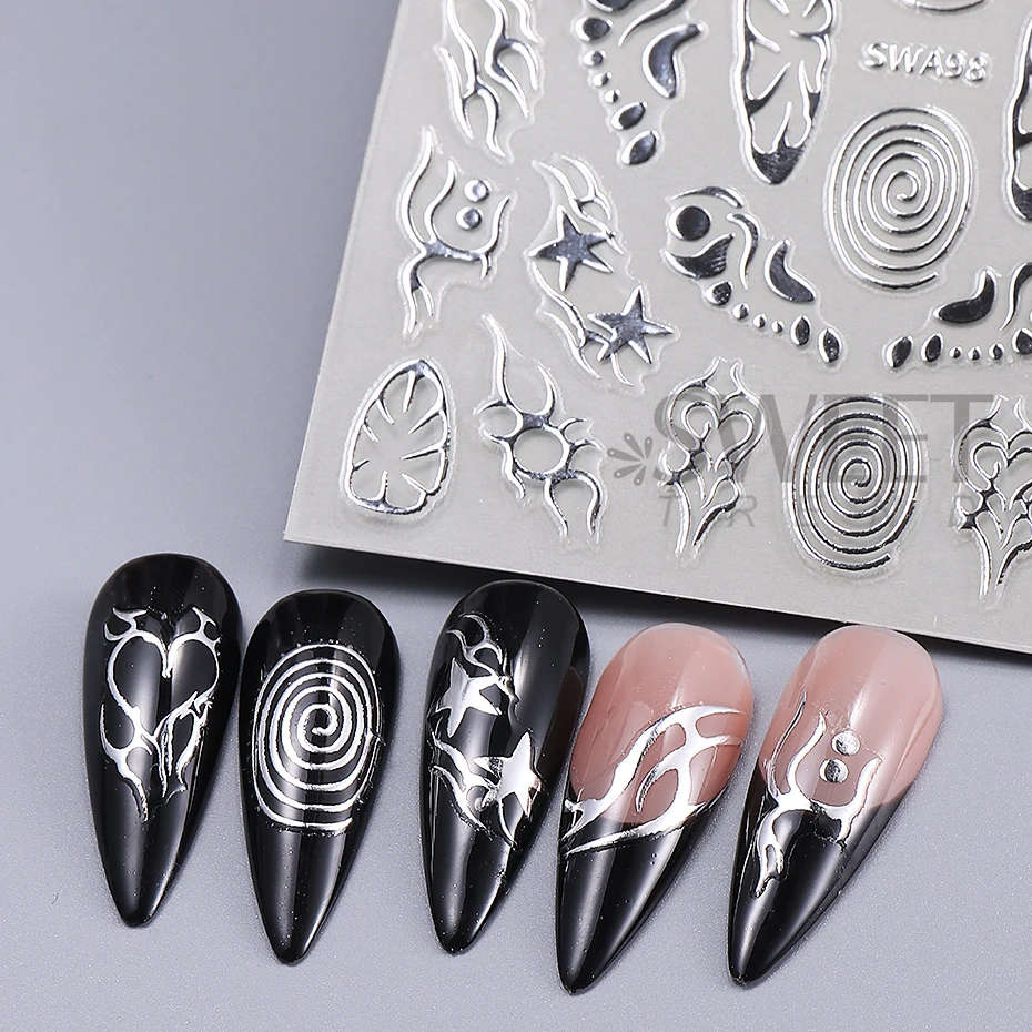 2pcs Metallic Silver Line Nail Art Sticker 3D Flame Line Bow Swirls Star Y2K Tatton Slider Decals DIY Holographic Manicure Decor