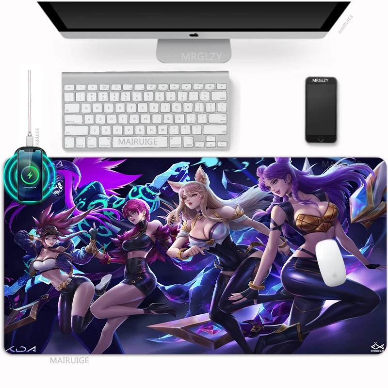 

KDA Girl Group Ahri Kaisa Wireless Charger Mousepad Charge Carpets Rugs 40*90CM Gaming Accessories Desk Mats LOL Large Mouse Pad
