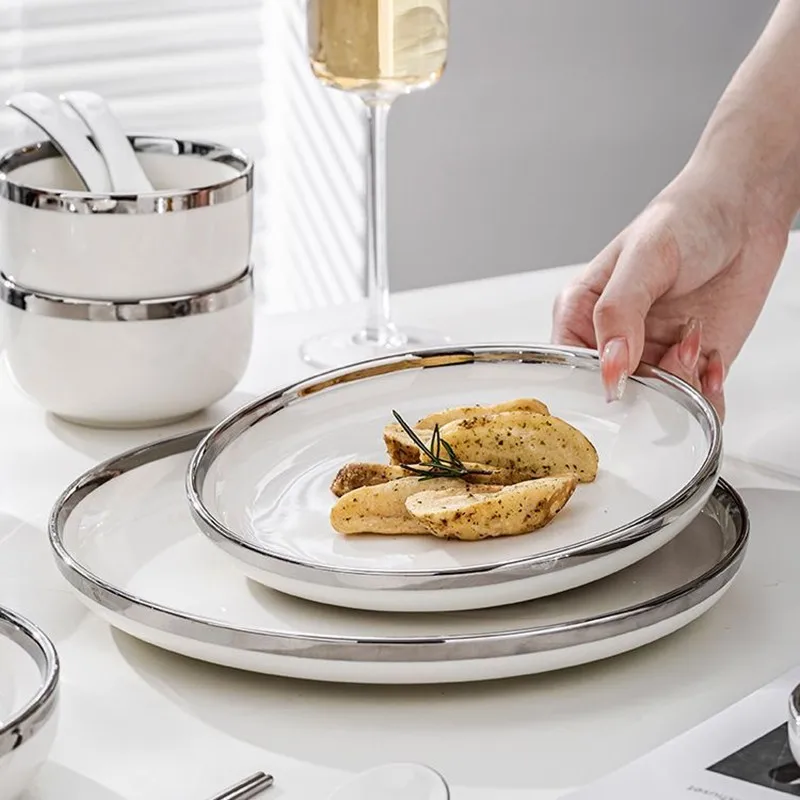 Nordic Style Silver Inlay Bright White Ceramic Dinner Sets Bowls Dish Plates Set Porcelain Dinnerware For Household Hotel