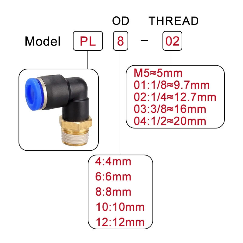 Conector de aire neumático de codo PL, tubo de rosca macho, montaje de empuje de aire OD 4, 6, 8, 10, 12mm, 1/8 