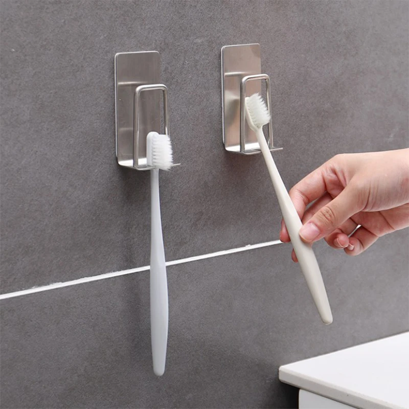 

1PC Self-adhesive Wall Mount Stainless Steel Toothbrush Holder Punch-free Toothpaste Organizer Mouthwash Cup Stand Bathroom Tool