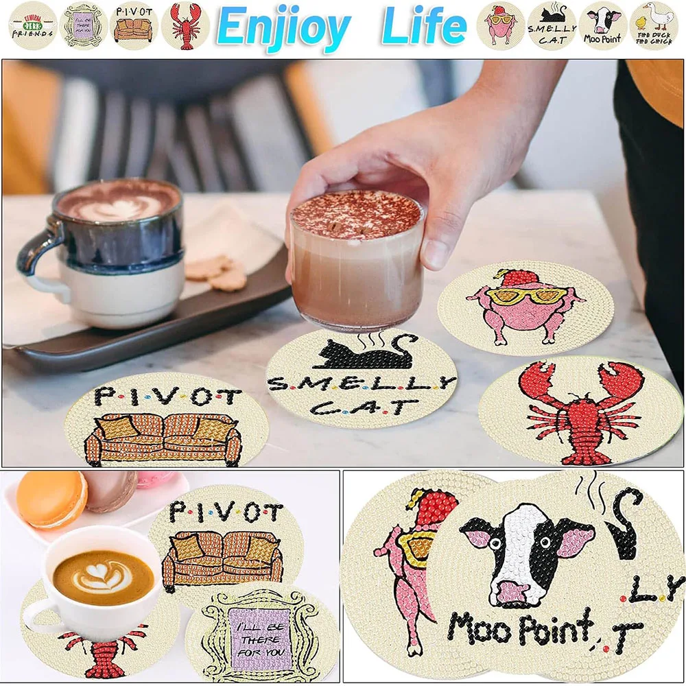 8pcs 5D Friends Diamond Painting Coasters Kit DIY Diamond Art Coasters with Holder Non Slip Coaster for Kids Holiday Gifts