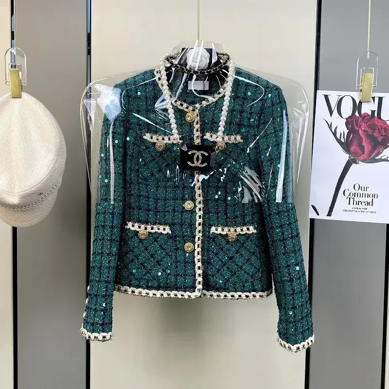 New Women Elegant Vintage Tweed Fragrant Suit Jacke Coat Top and Skirt Two Piece Set Green Outfit Winter Jacquard Party Clothing
