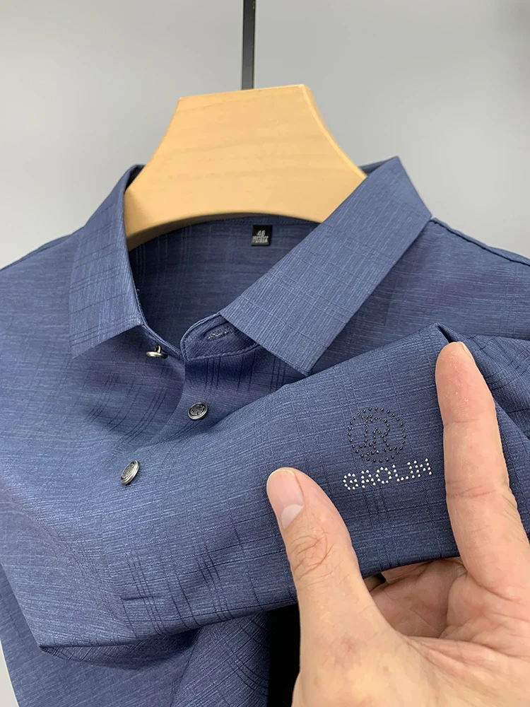 

2023 High-end Short-sleeved Polo Shirt Solid Color Korean Style Men's Lapel Summer Trend R Hot Diamond Luxury Traceless T-shirt