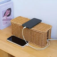 Imitation Rattan Cable Organizer Box Office Desk Charger Socket Network Line Storage Bin Power Cord Charger Storage Box 2