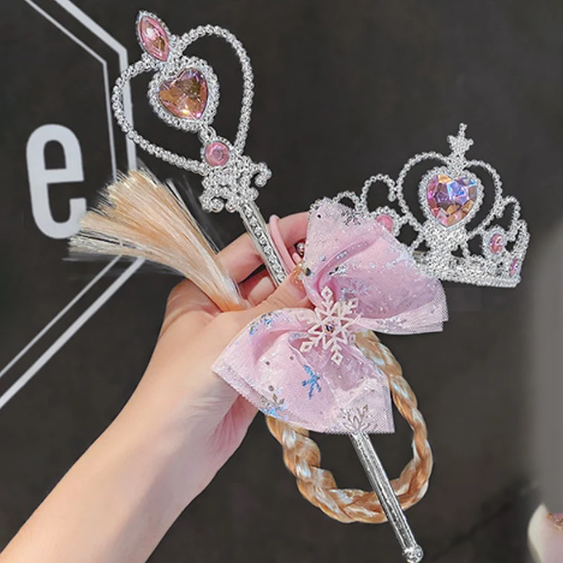 3Pcs/Set Little Girls Elsa Magic Wand Queen Crown Snowflake Weaving Braid Cosplay Props Kids Play Toys Crystal Accessories