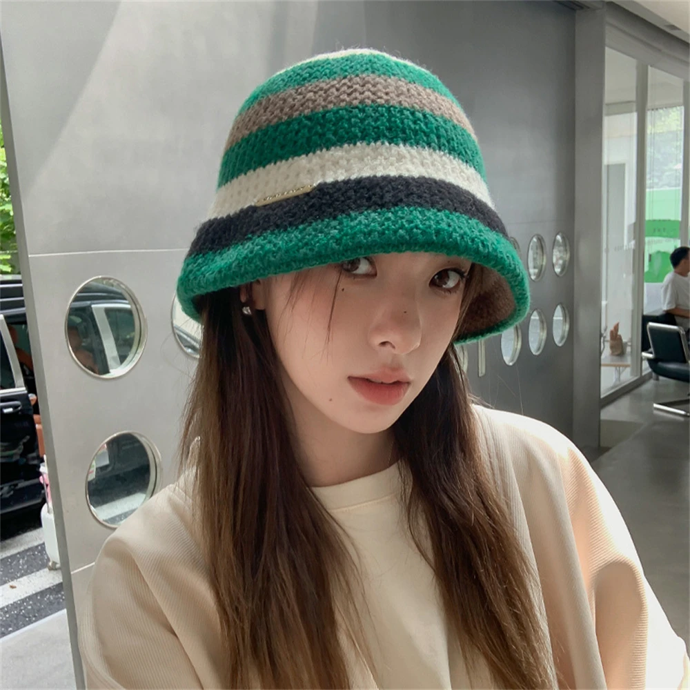 

Universal Striped Knit Hat Women Winter Warm Bucket Hat Fashion Multifunction Warm Cap Retro Baggy Breathable Cap gorras mujer