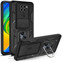 Enhanced Shockproof Armor Phone Case with Slide Lens Protector - Durable Cover Coque s Shell for Redmi Note 9 (Black)