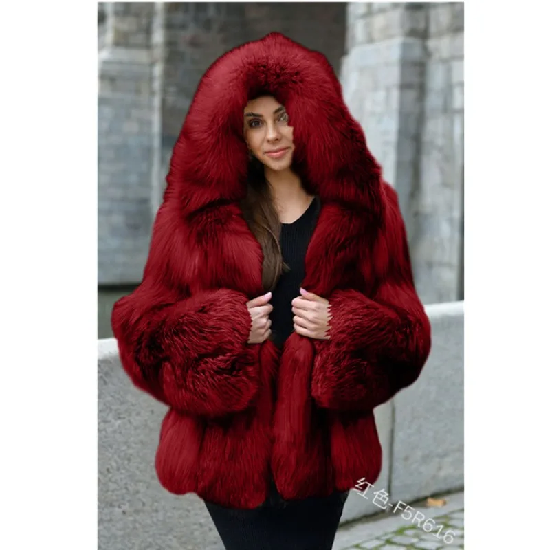 European and American Fur Coat Women's Hooded Warm Fur Medium Length Fox Fur Coat