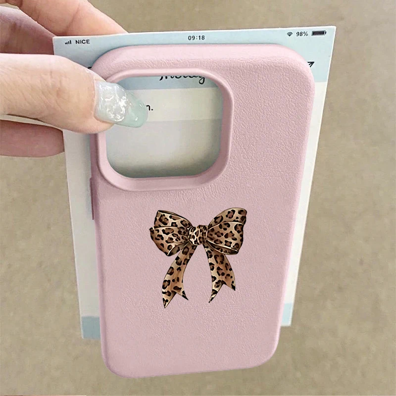 Leopard Print Stars Bow Lychee Texture Silicone Phone Case