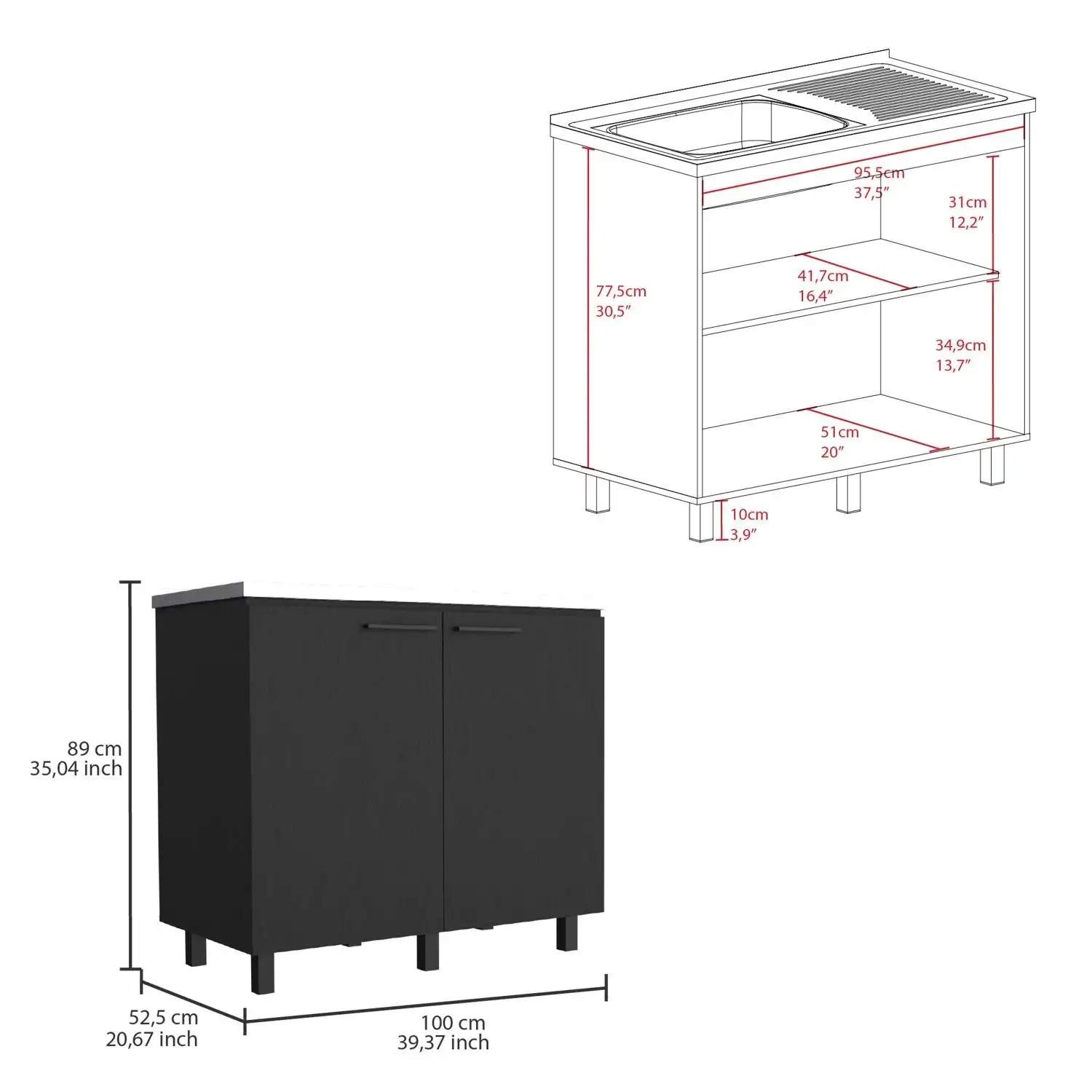 Napoles 2 Utility Sink with Cabinet, Stainless Steel Countertop, Interior Shelf Black 2