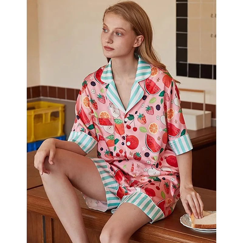Ling Casual Print Summer Girl's Pjs Imitation Silk 2 Pcs Homewear Fashion Pajama Short Thin Pajamas for Women Silk Home Set