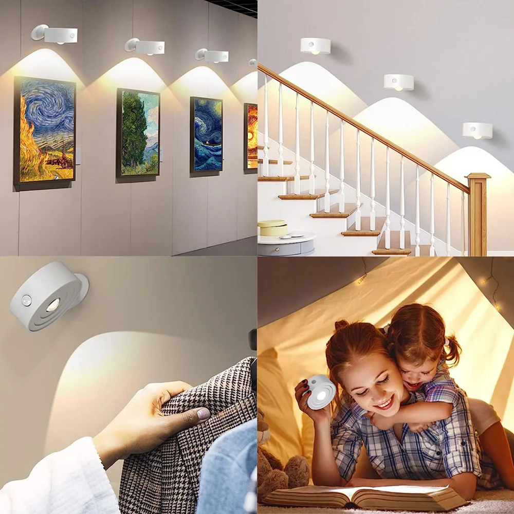 Rechargeable LED Wall Sconces Light Motion Sensor Wall Cordless Lights 360&deg; Rotatable Magnetic Reading Lamp For Indoor Bedroom